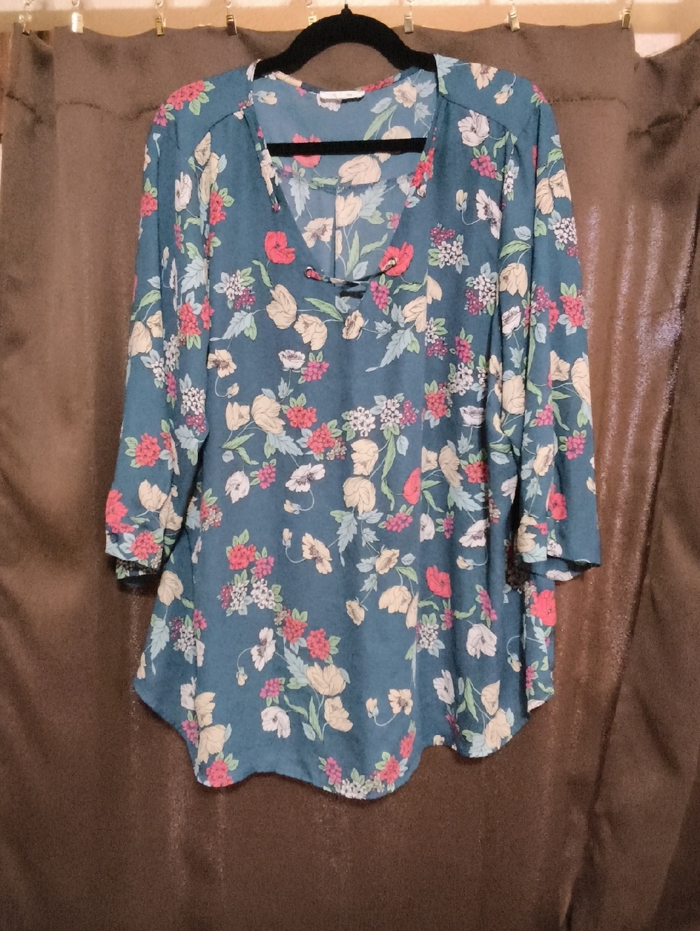 Maurices Teal Floral V-Neck Tunic